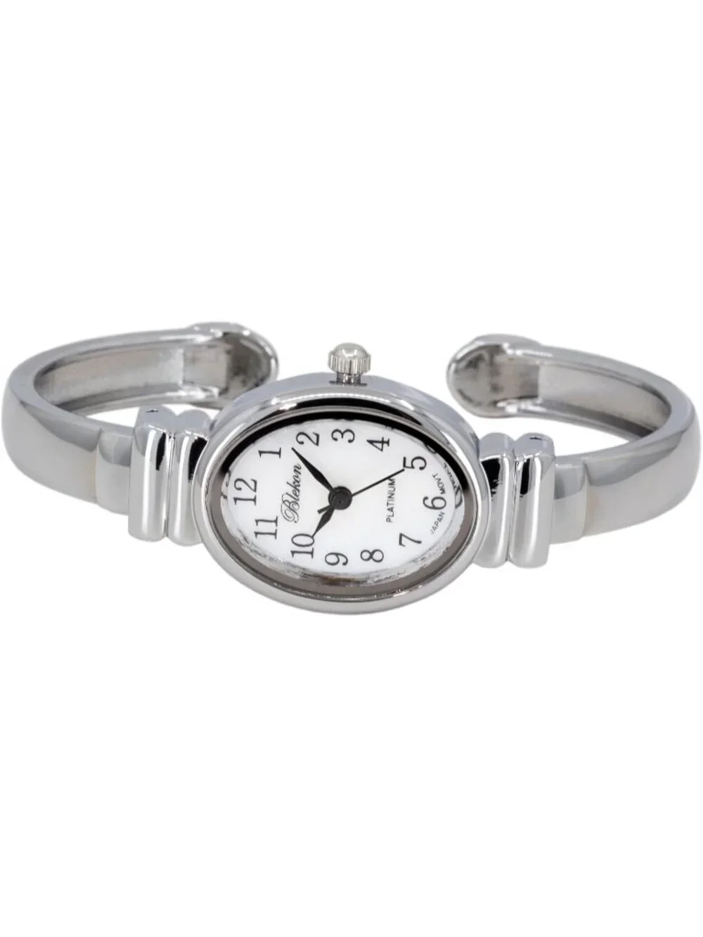 Womens Silver Analog Quartz Elegant Pearl Dial Sophisticated Cuff Bracelet Watch